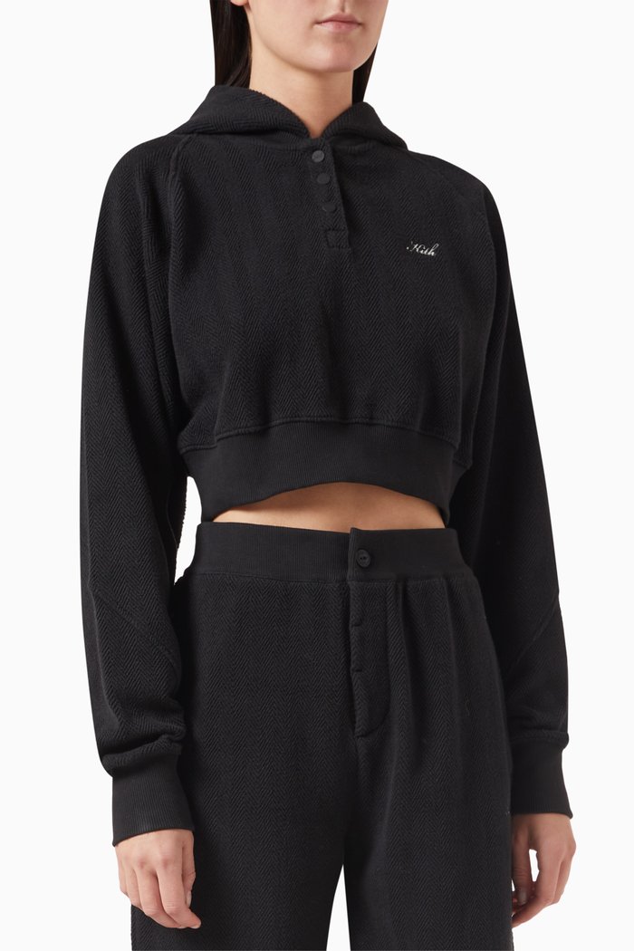 

Hillside Henley Herringbone Cropped Hoodie in Cotton-terry, Black