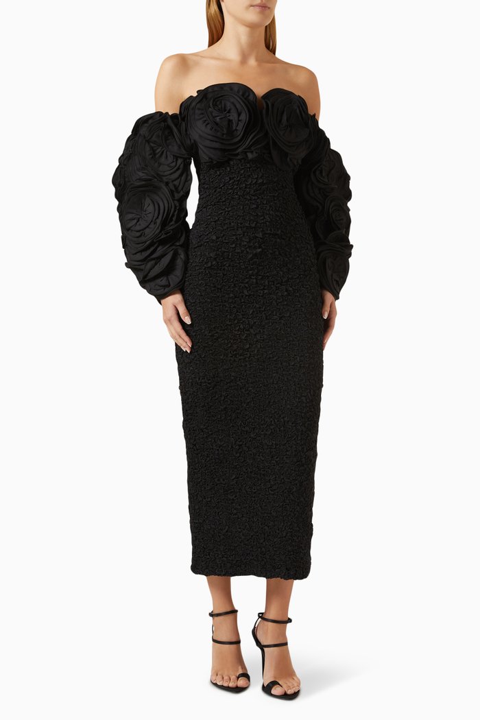 

Luna Smocked Midi Dress in Organic Cotton, Black