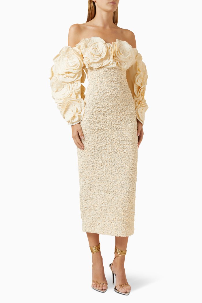 

Luna Smocked Midi Dress in Organic Cotton, Neutral