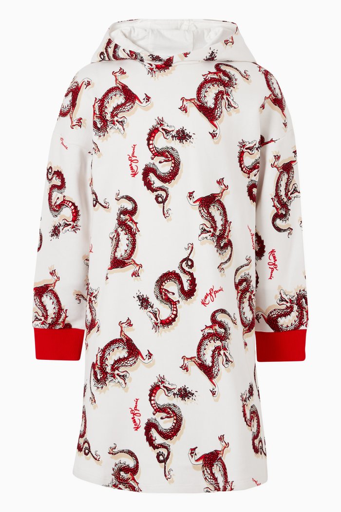 

Year Of The Dragon Hooded Dress in Cotton Fleece, White