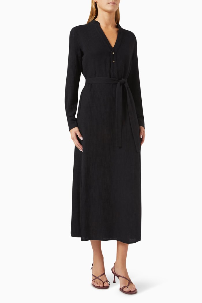 

Frieda Belted Shirt Midi Dress in Cotton, Black