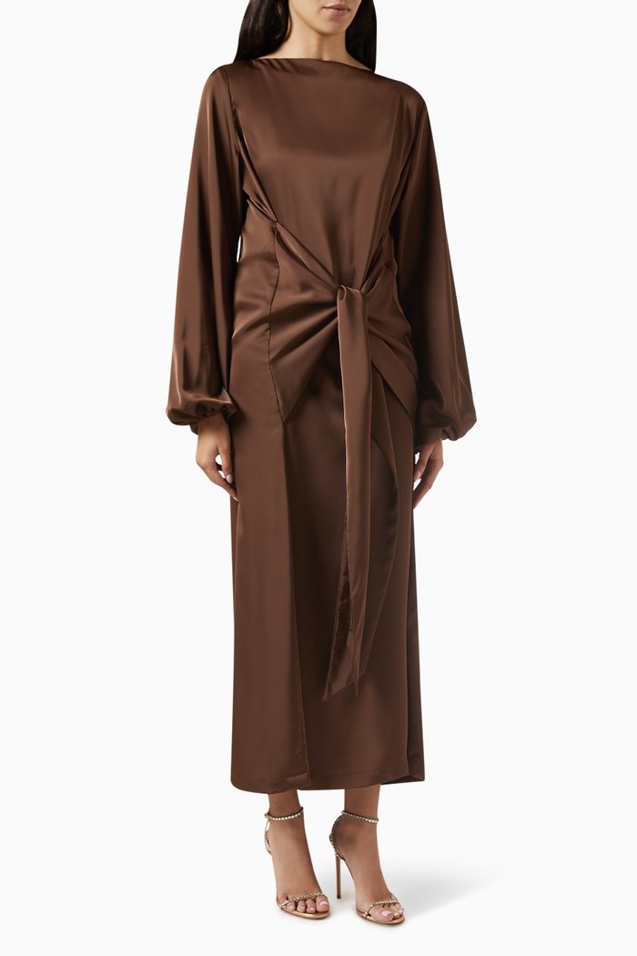 

Lania Puff-sleeve Midi Dress, Brown