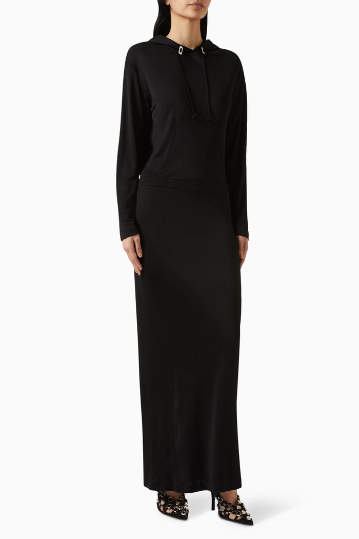 

Gathered Hoodie Dress in Viscose, Black