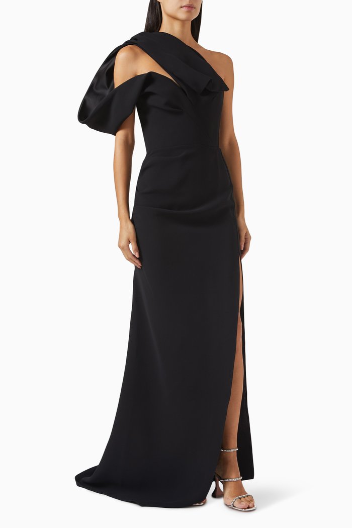 

Darkness Ruffled One-shoulder Gown, Black