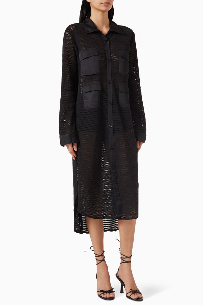 

Fishnet Shirt Dress in Cotton, Black