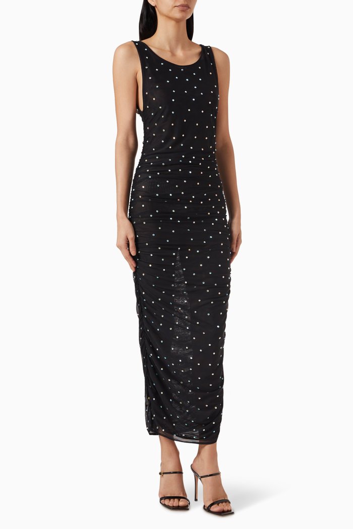 

Embellished Maxi Dress in Mesh, Black