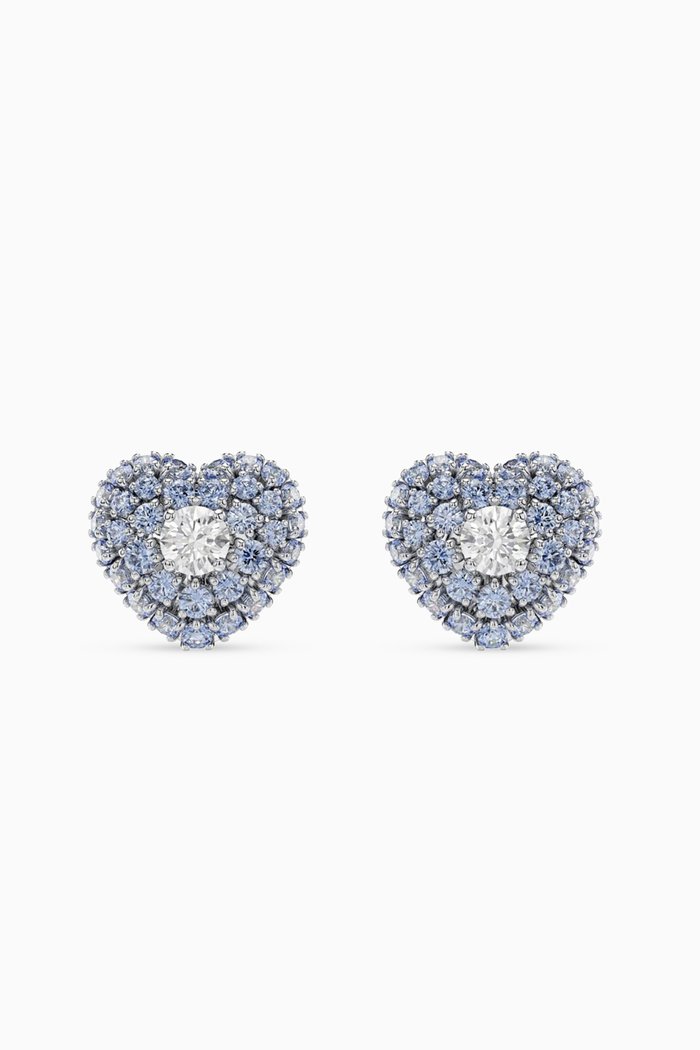 Heart Crystal Stud Earrings in Rhodium-plated Metal, Blue