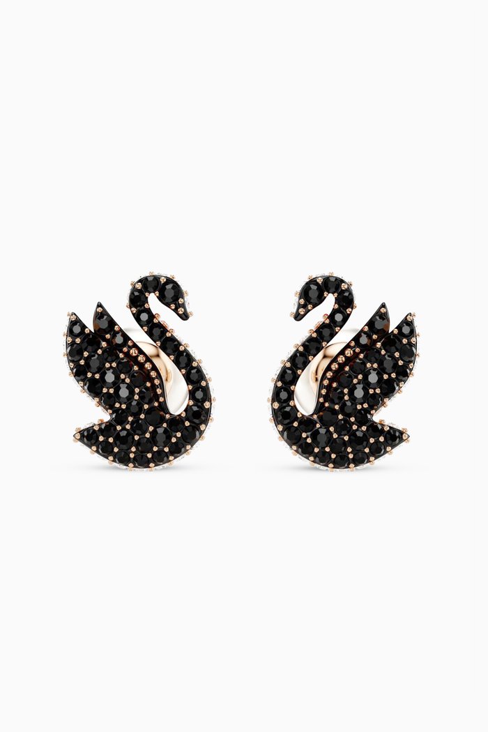 Iconic Swan Stud Earrings in Rose Gold-plated Metal, Black
