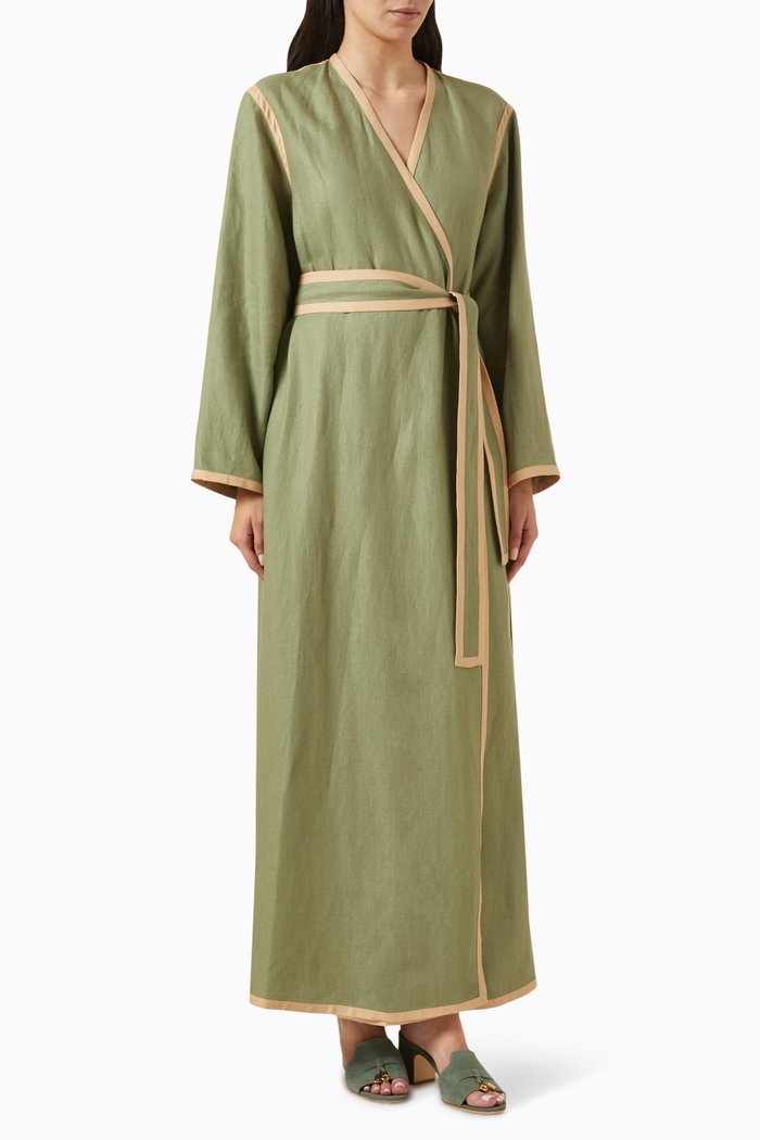 

Contrast-trim Belted Kimono, Green