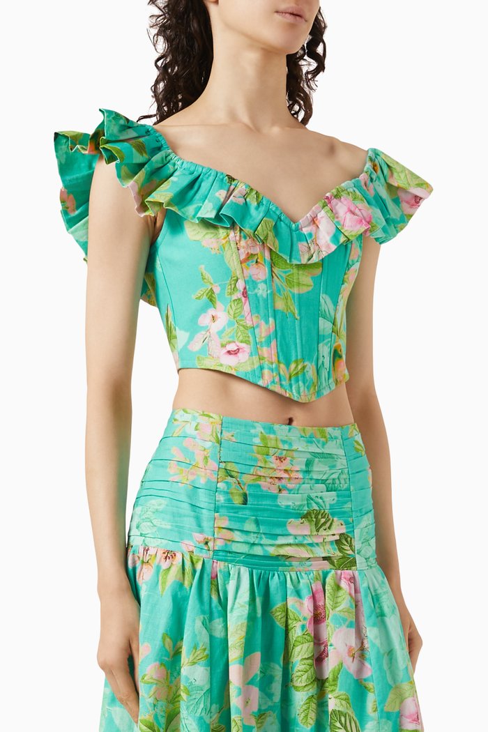 

Azra Floral Ruffled Corset Top in Cotton, Green