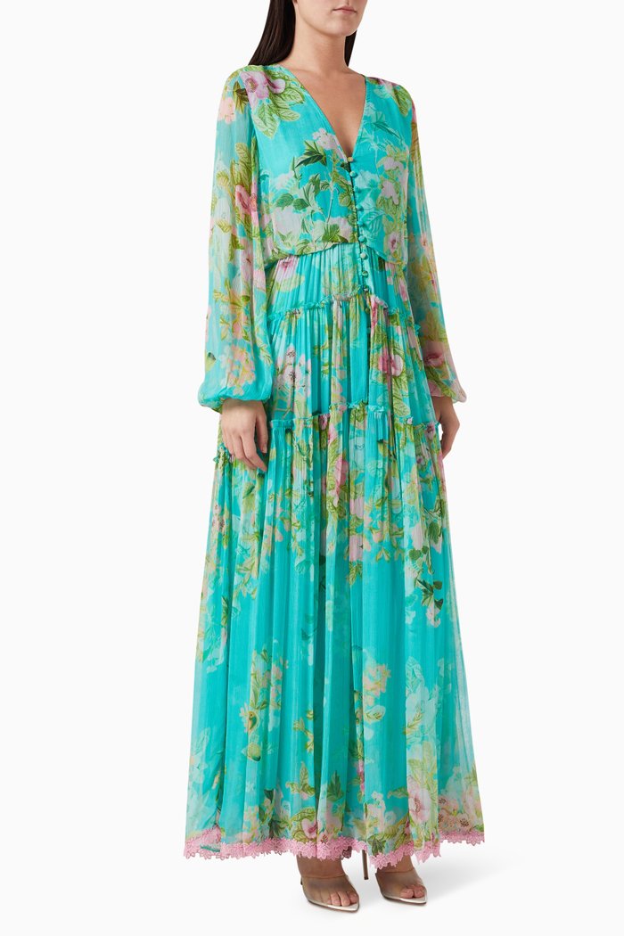 Azra Floral Maxi Dress in Viscose, Green