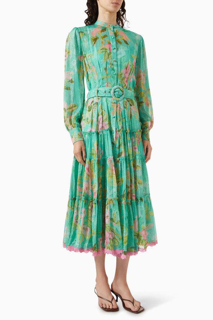 

Azra Floral Belted Midi Dress in Viscose, Green
