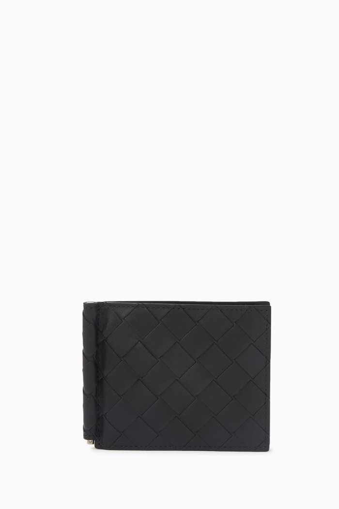 

Bill Clip Wallet in Intreccio Leather, Black