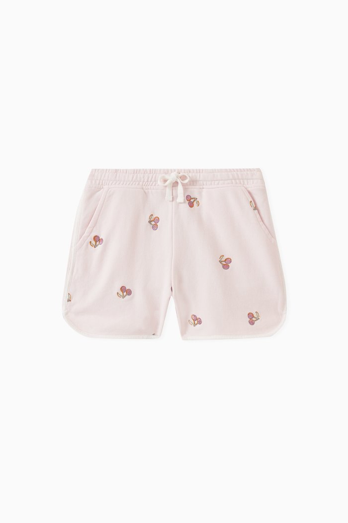 

Cherry-embroidered Shorts in Organic Cotton-fleece, Pink