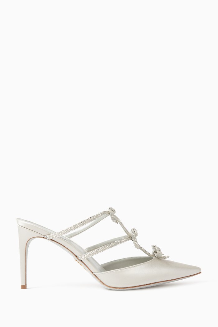 Caterina 80 Bow Mules in Satin, Silver