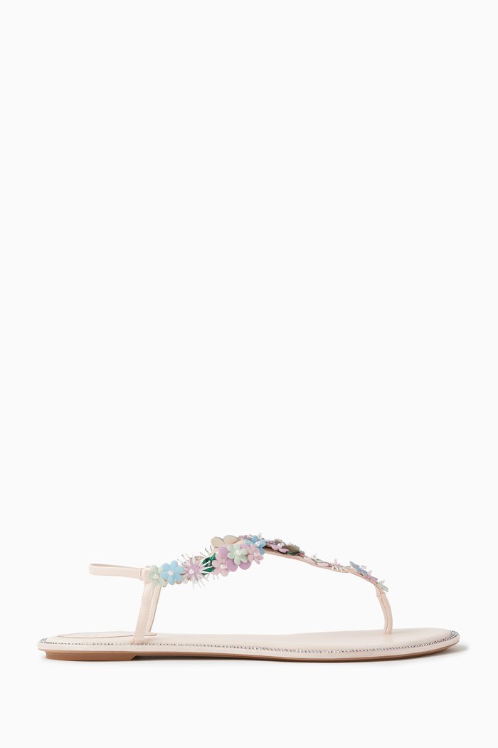 

Floral Thong Sandals in Leather, Pink