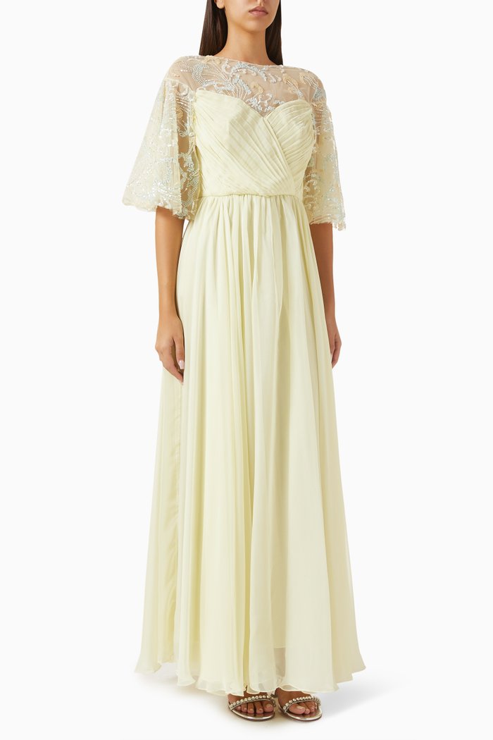 

Embroidered Maxi Dress in Chiffon, Yellow