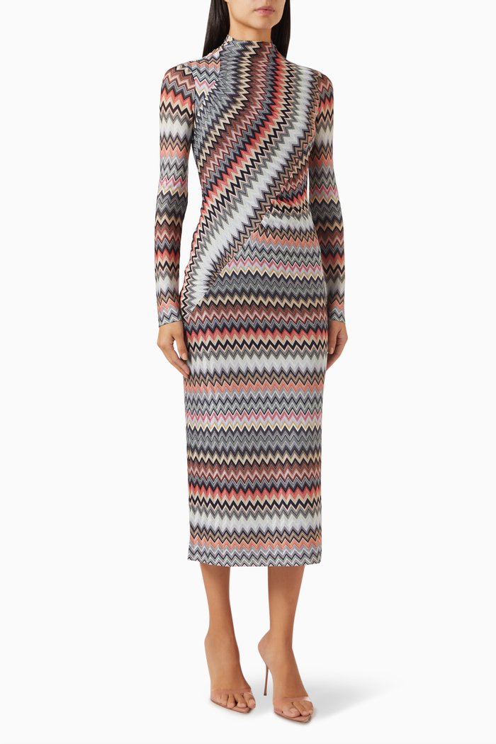 

High-neck Zigzag Midi Dress in Cotton-blend Knit, Multicolour