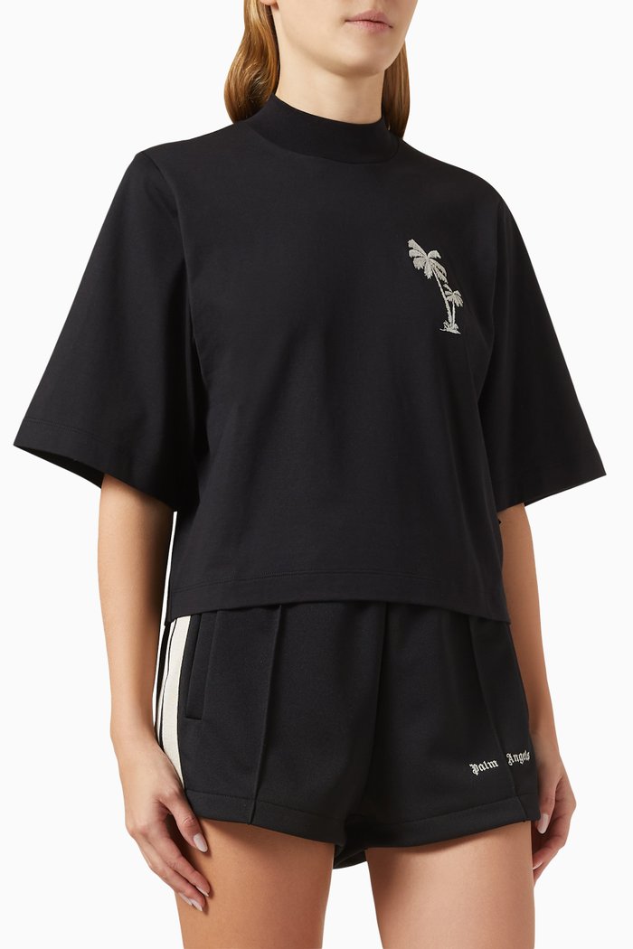 

Palms-embroidered Cropped T-shirt in Cotton, Black