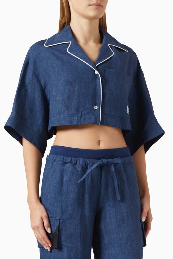 

Monogram Crop Shirt in Linen, Blue