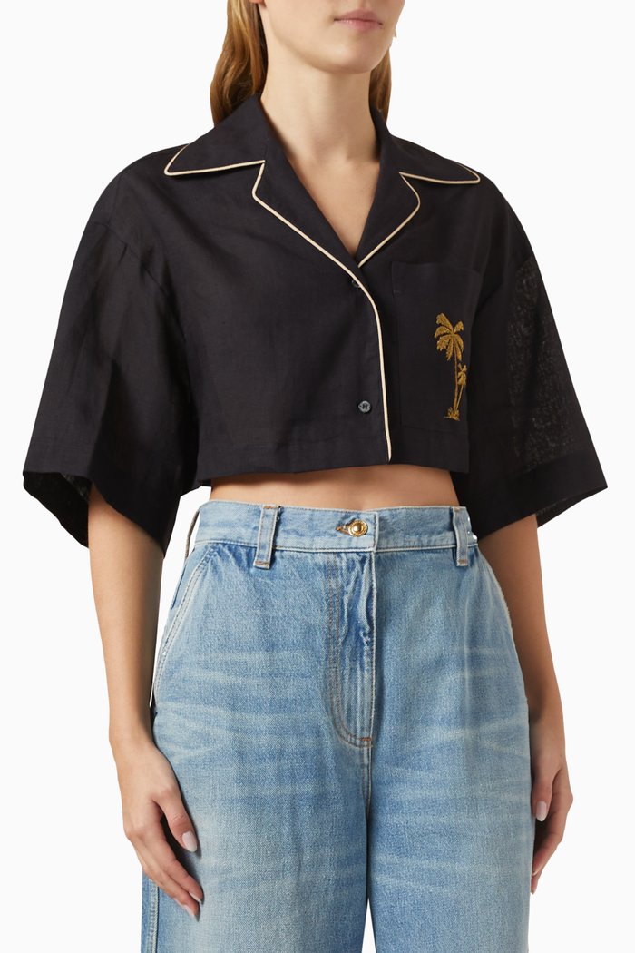 

Cropped Bowling Shirt in Linen, Black