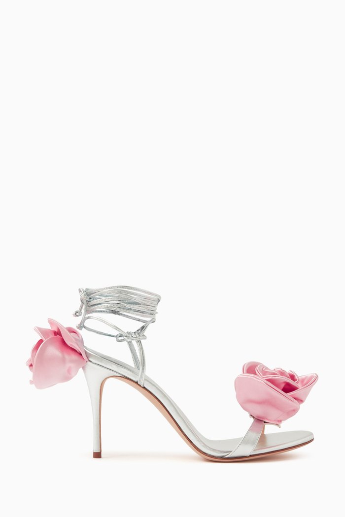 

3D Flowers 85 Strappy Sandals in Metallic Leather, Pink