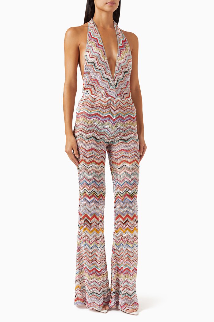 

Chevron Net Long Jumpsuit in Rayon, Multicolour