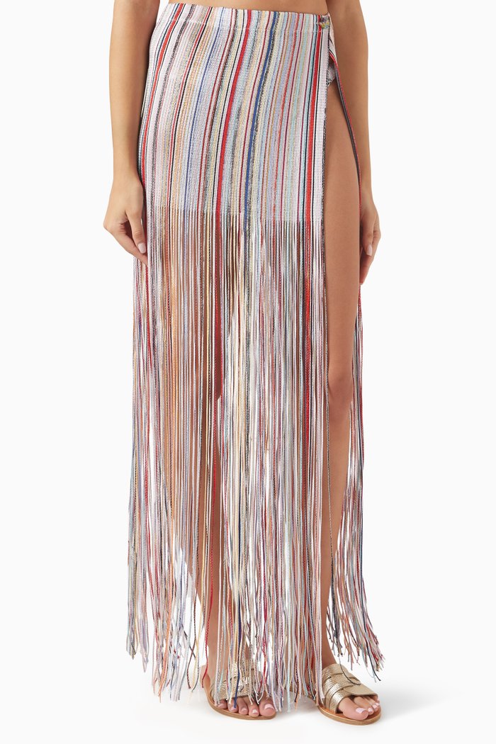 

Wrap Around Fringe Skirt in Rayon, Multicolour