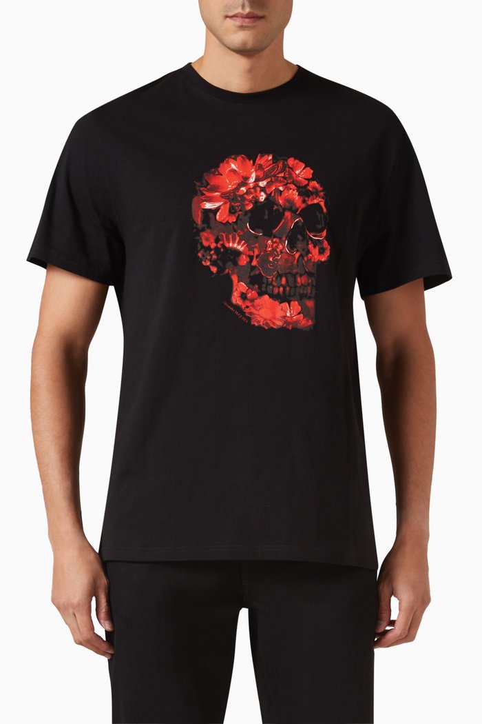 

Wax Flower Skull Print T-shirt in Cotton, Red