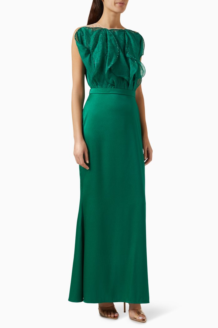 

Organza-bodice Maxi Dress in Crepe, Green