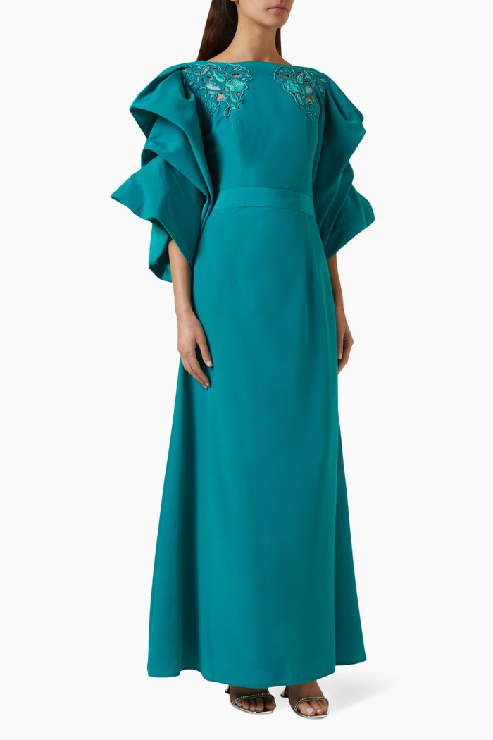 Embroidered Maxi Dress in Crepe, Green
