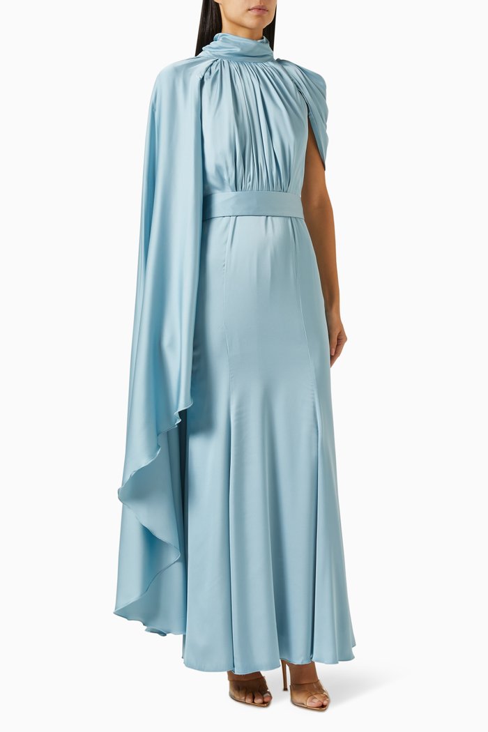 

Draped Cape-sleeve Maxi Dress in Satin, Blue