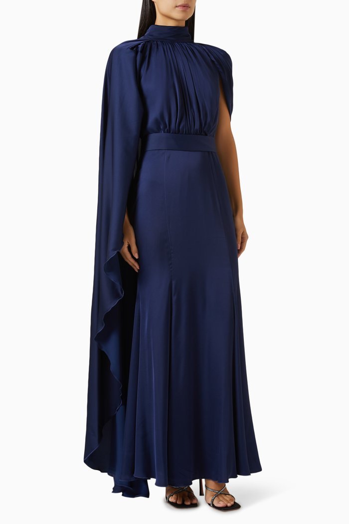 

Draped Cape-sleeve Maxi Dress in Satin, Blue