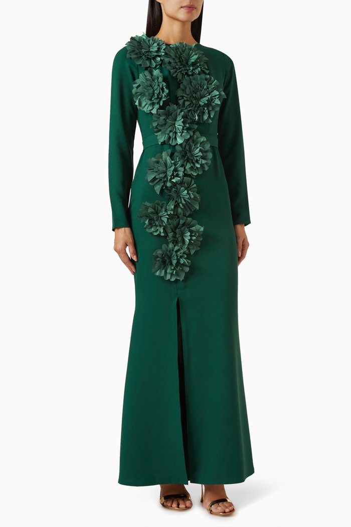 

Floral Appliqué Maxi Dress in Crepe, Green
