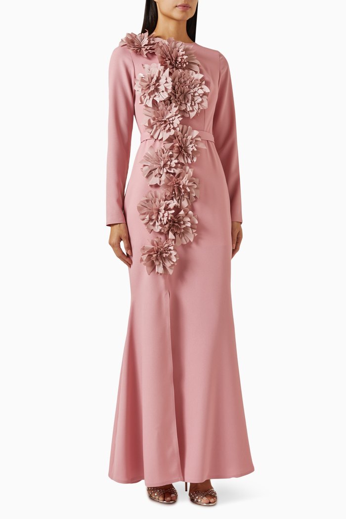 

Floral Appliqué Maxi Dress in Crepe, Pink
