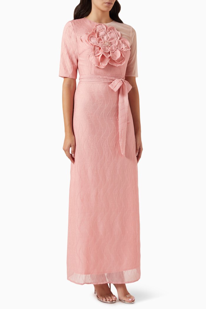 

3D Floral Maxi Dress in Tulle, Pink