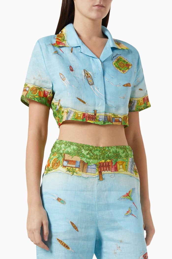 

Printed Cropped Cuban Shirt in Linen, Blue