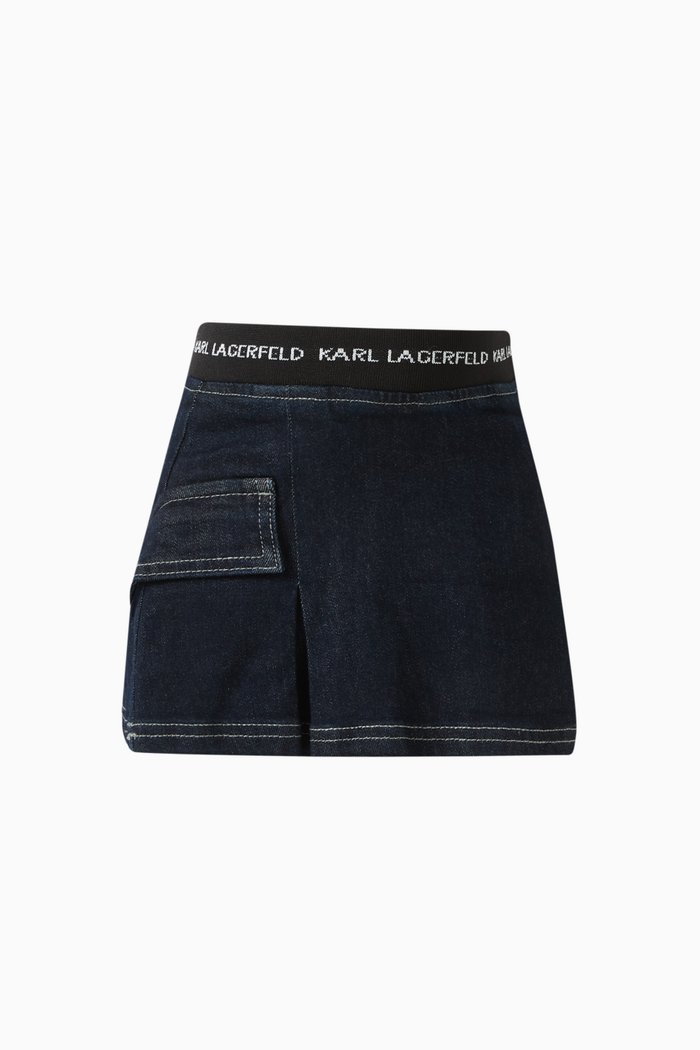 

Pleated Logo Skirt in Cotton-denim, Blue