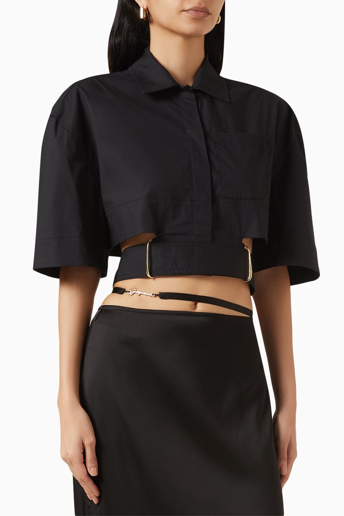 

La Chemise Courte Bari Cropped Shirt in Stretch Cotton Canvas, Black