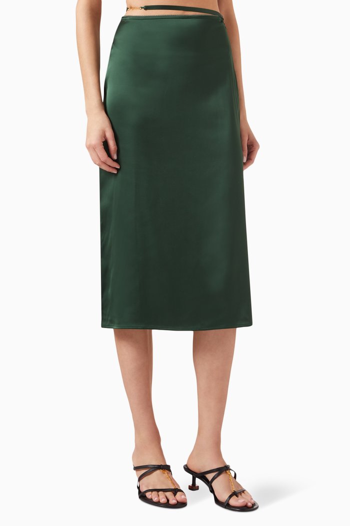 

La Jupe Notte Midi Skirt in Stretch Satin, Green