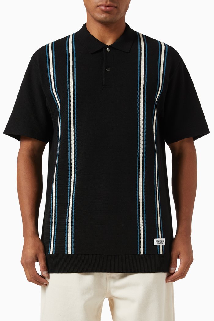

Striped Polo Shirt in Knit, Black