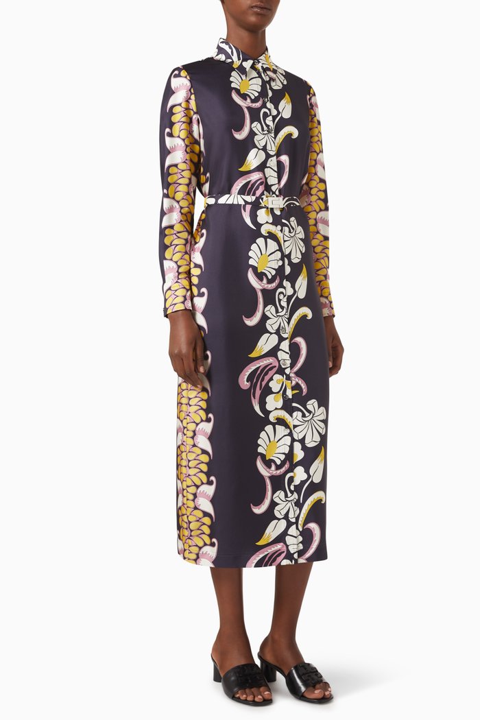 

Floral-print Shirt Dress in Silk Twill, Pink