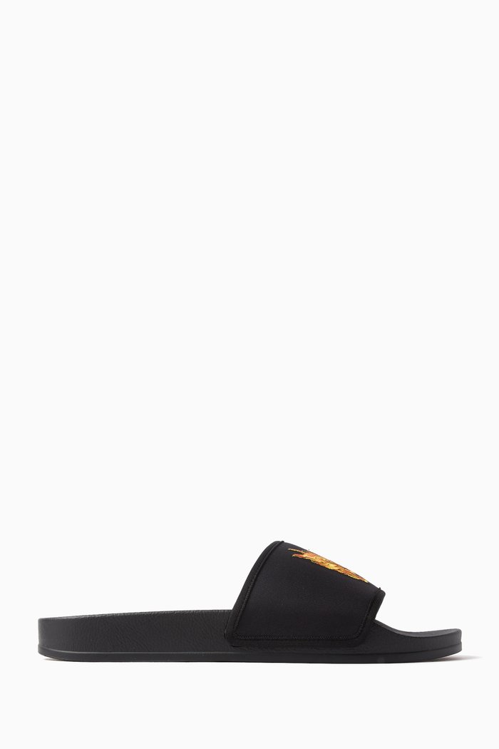 

PA Monogram Pool Slides in Faux Leather, Black