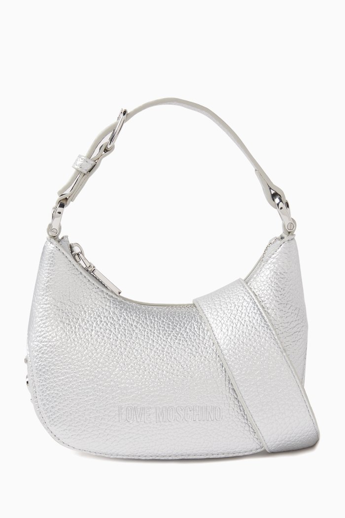 

Small Shoulder Bag in Grained Faux Leather, Silver