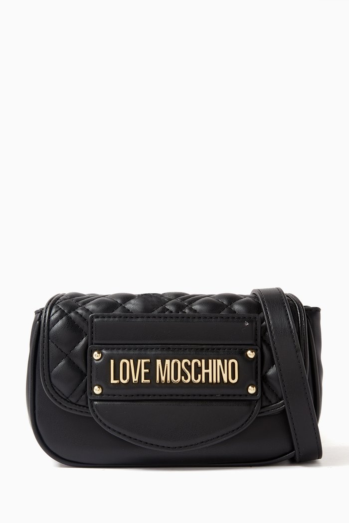 

Small Tab Crossbody Bag in Quilted Faux Leather, Black