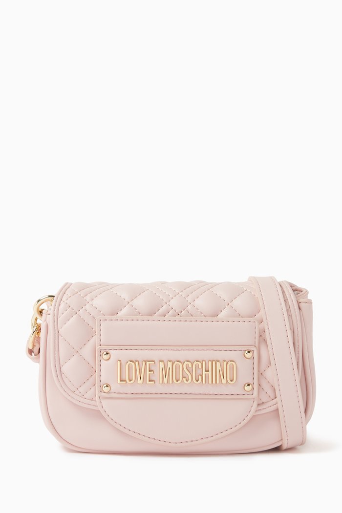 

Small Tab Crossbody Bag in Quilted Faux Leather, Pink