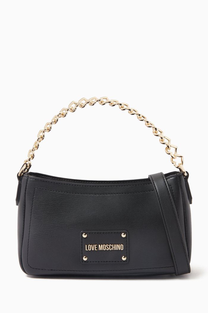 

Strass Chain Shoulder Bag in Faux Leather, Black