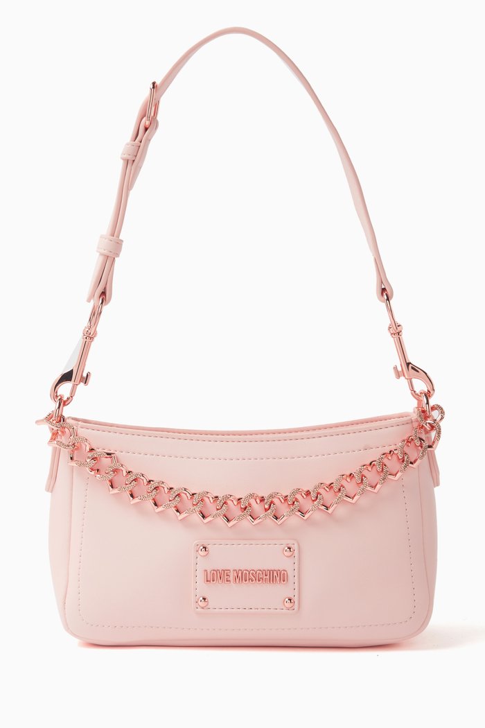 

Strass Chain Shoulder Bag in Faux Leather, Pink