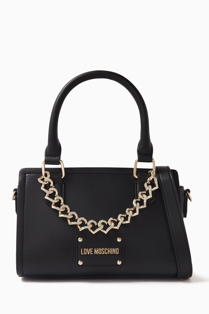 

Small Heart Chain Shoulder Bag in Leather, Black