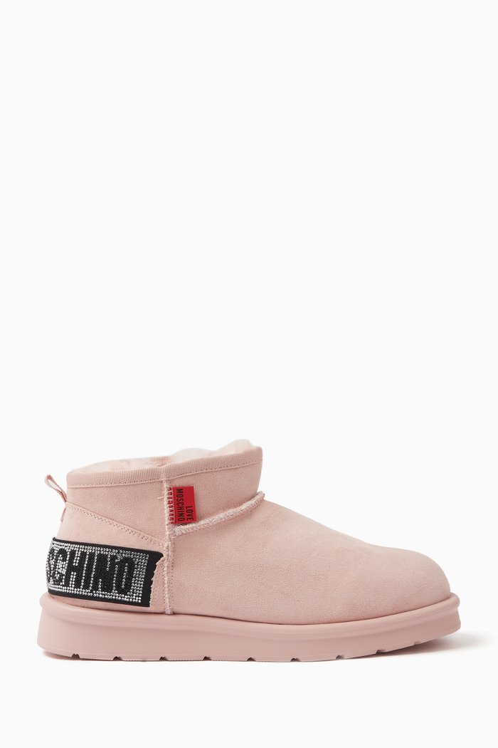 Logo Ankle Boots in Velvet & Shearling, Pink